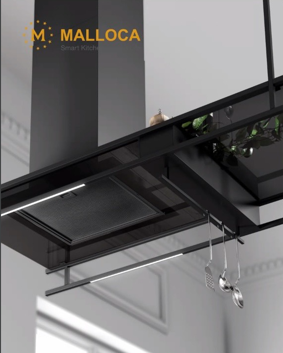 Máy hút mùi đảo Malloca INDUST K140B / Ngang 140cm, lắp áp trần, kính đen