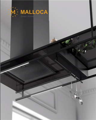 Máy hút mùi đảo Malloca INDUST K140B / Ngang 140cm, lắp áp trần, kính đen